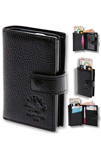 Westpolo Unisex Siyah Hakiki Deri Mekanizmalı Kartlık West Polo Cüzdan Bty5570