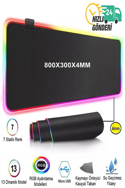FRISBY لوحة ماوس ألعاب بإضاءة LED RGB مقاس 80 سم × 30 سم × 4 سم سميكة ومضادة للانزلاق
