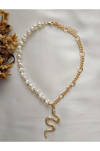 Fata Morgana Accessory Yılan Uçlu Barok Incili Gold Rengi Kararmaz Zincir Kolye
