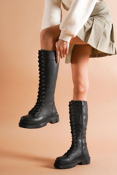 DİVOLYA Γυναικείες μπότες Bany Black Lace Up Siper Siper Daily γυναικείες μπότες