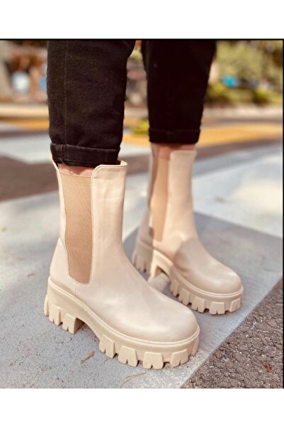FLORİN Kadın Ten Kalın Taban Kenarı Lastikli Yarım Postal Hafif Kışlık Bot Bo...