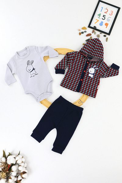 Umaybebek Rabbit Hooded 3-Piece Baby Set Red