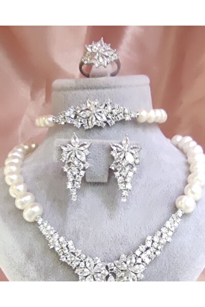Aşina Gümüş Aşina Gümüş -Abiye 925 Ayar Gümüş Rodyum (Beyaz Altın) Kaplama Gerçek İnci Set