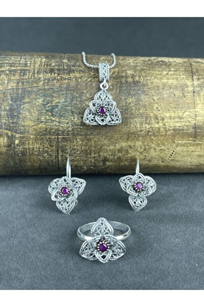 BEY SİLVER Telkari Yakut Taşlı Çiçek Gümüş Kadın Set