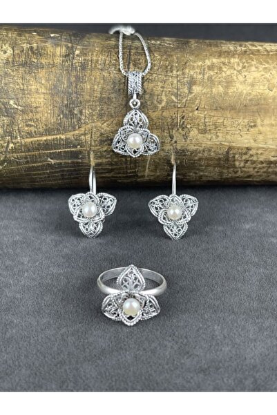 BEY SİLVER Telkari Incili Çiçek Gümüş Kadın Set