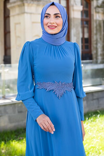 Feiza Collection Güpür Detaylı Tesettür Abiye Elbise - Indıgo
