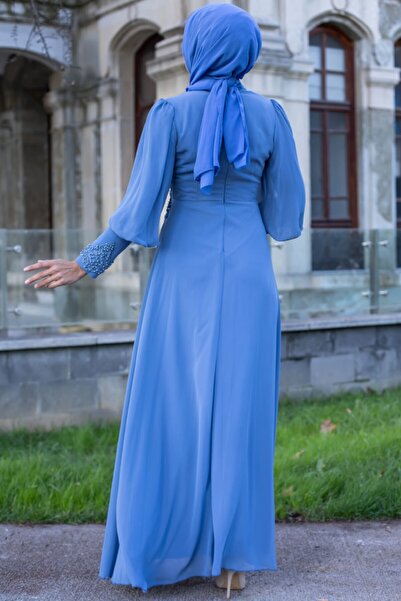Feiza Collection Güpür Detaylı Tesettür Abiye Elbise - Indıgo