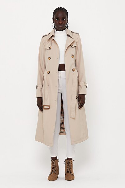 Bigart Astarlı Kruvaze Uzun Diz Altı Kemik Trençkot Geniş Beden Aralığı