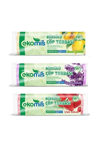 Ekomis كيس قمامة برباط فراولة، ليمون، لافندر 3 عبوات حجم كبير