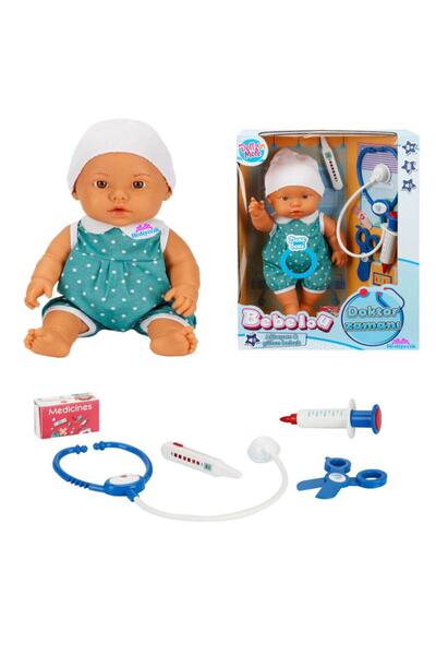 hediyecik Oyuncak Doktorculuk Zamanı Sesli Et Bebek Oyun Seti Mavi 35 cm