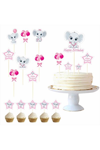 SİYAH PARTİ EVİ Elephants Birthday Cake Decoration Toothpick Set Pink