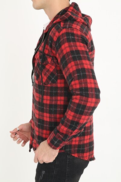 3MODA Erkek Kırmızı Fermuarlı Kapüşonlu Oduncu Gömlek