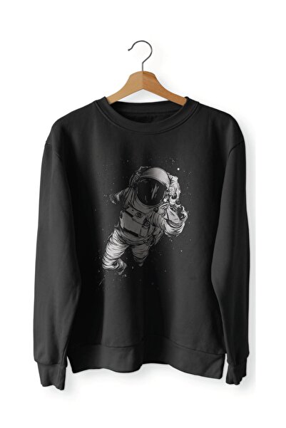 Astronot Baskılı Uzunkollu Siyah Sweatshirt