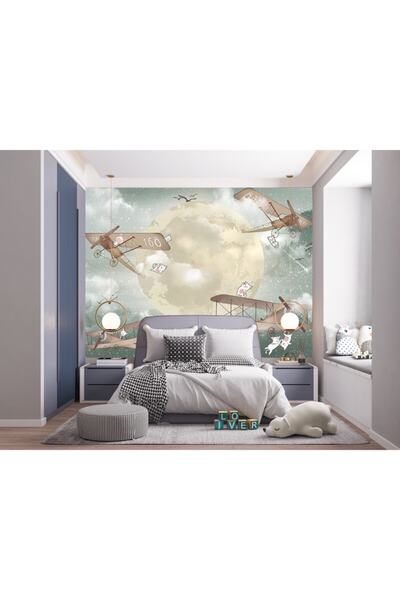 adalidekor Kediler Ve Uçak Çocuk Odası Duvar Kağıdı