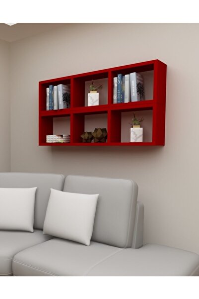 Dekormer Design Kitaplık Yan Kırmızı Renk Duvar Rafı Ikili Takım