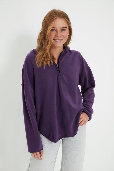 Trendyol Collection Pflaumenfarbenes, dickes Fleece-Sweatshirt mit Kapuze und Reißverschluss in Übergröße/weiter Passform, Strick-Sweatshirt TWOAW22SW2063