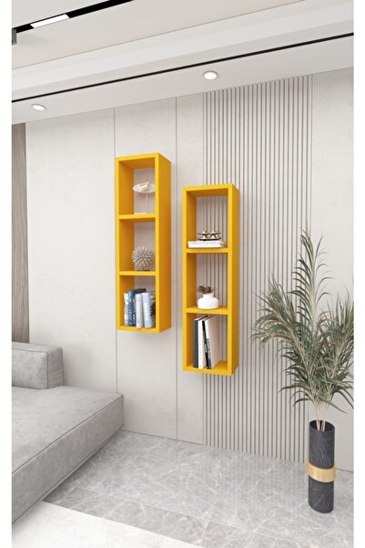 Dekormer Design Kitaplık İkili Çapraz Sarı Duvar Rafı Takım