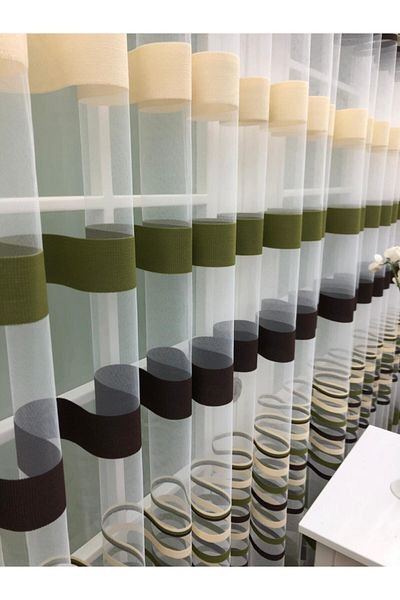 perdealemi Transverse Striped Banded Sports Tulle Curtain, 100x260, Sparse Pleat, 1/2