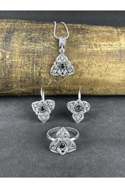 BEY SİLVER Telkari Zümrüt Taşlı Çiçek Gümüş Kadın Set