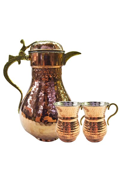 Genel Markalar Kapaklı Damla Detaylı Bakır Sürahi + 2 Ayran Bardağı