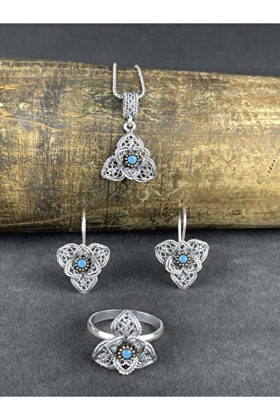 BEY SİLVER Telkari Turkuaz Çiçek Gümüş Kadın Set