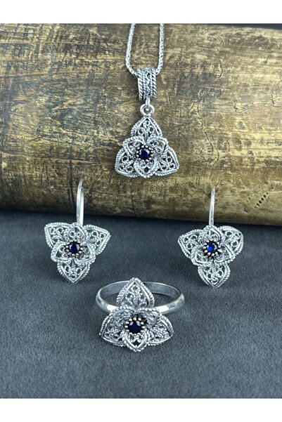 BEY SİLVER Telkari Safir Taşlı Çiçek Gümüş Kadın Set