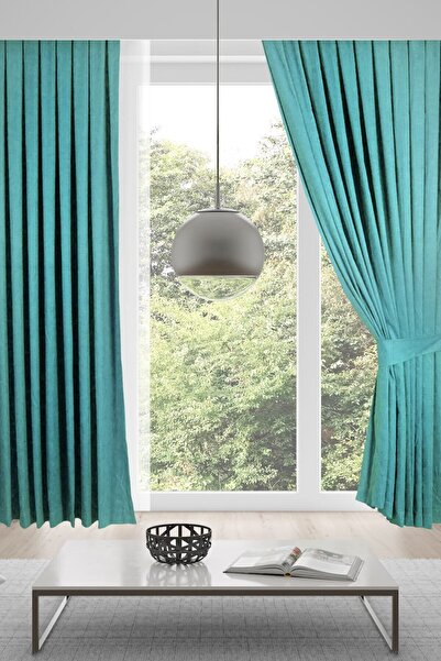 MEVVA HOME Velvet Background Single Wing Curtain (1x2 Sparse Pleated) - turquoise