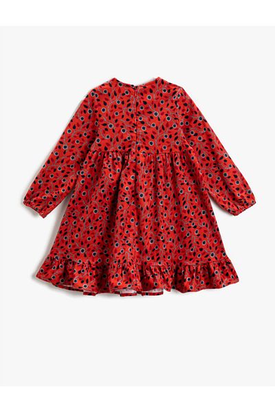 Koton Floral Gathered Long Sleeve Dress Cotton Crew Neck