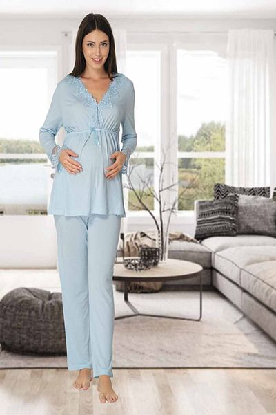 Effortt Lace Detailed Blue Maternity Pajamas Set