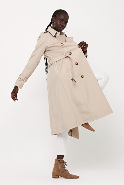 Bigart Astarlı Kruvaze Uzun Diz Altı Kemik Trençkot Geniş Beden Aralığı