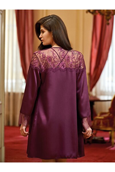 Nurteks Kadın Mor Dantelli Saten Gecelik Sabahlık Takım