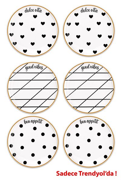 Vivas Mottolu Mixed Patterned 6-Piece Porcelain Dessert Plate, Breakfast Plate, Serving Plate 21 Cm