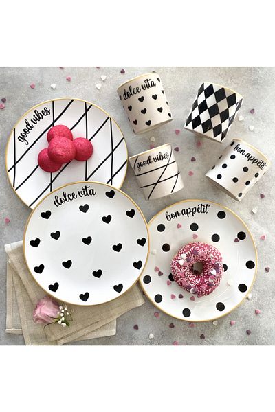Vivas Mottolu Mixed Patterned 6-Piece Porcelain Dessert Plate, Breakfast Plate, Serving Plate 21 Cm