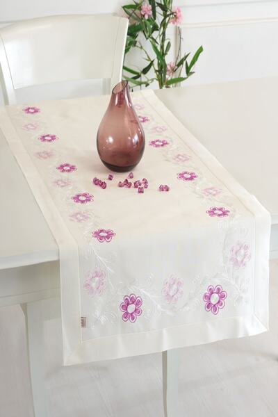 ÖDEL HOME Cream Buldan Silk Flower Embroidered 50x130 Cm Runner
