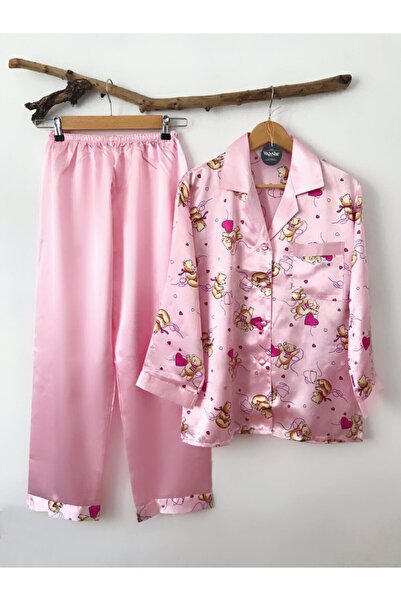 Al Lady Çiçekli Gömlek Yaka Saten Kadın Pijama Takımı S107