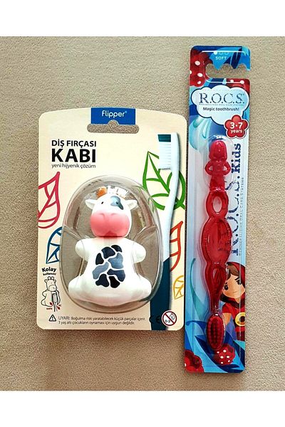 R.O.C.S. R.o.c.s 3-7 Years Old Toothbrush Red And Cow Figure Flipper Toothbrush Container