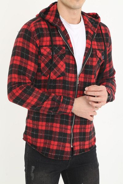3MODA Men's Red Zipper Hooded Lumberjack Shirt