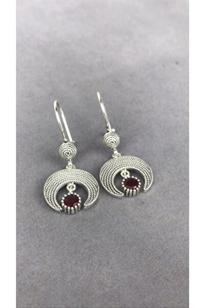 BEY SİLVER Telkari Parmak Izi Yakut Taşlı Hilal Gümüş Kadın Küpe