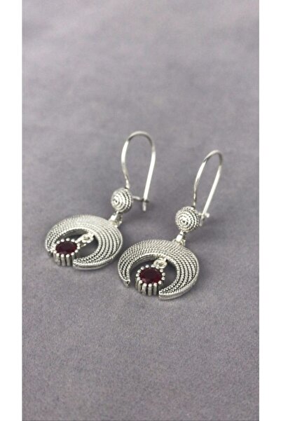 BEY SİLVER Telkari Parmak Izi Yakut Taşlı Hilal Gümüş Kadın Küpe