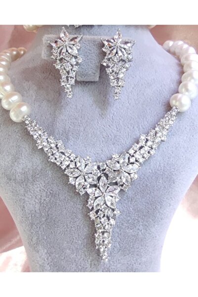 Aşina Gümüş Aşina Gümüş -Abiye 925 Ayar Gümüş Rodyum (Beyaz Altın) Kaplama Gerçek İnci Set