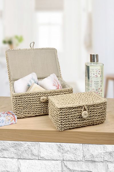 Binbirreyon Braided Basket Box Set with Lid 2 Pieces Lined Organizing Box 25x17x12cm Dd014