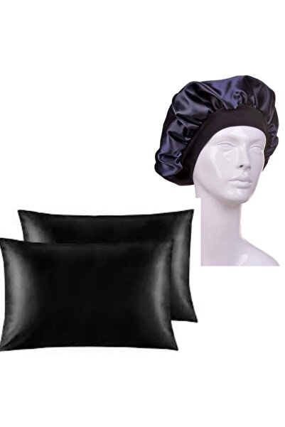 FashionSButik Kıvırcık Saçlılar Için Saten Siyah Saç Bonesi Ve 2 Adet Saten Y...