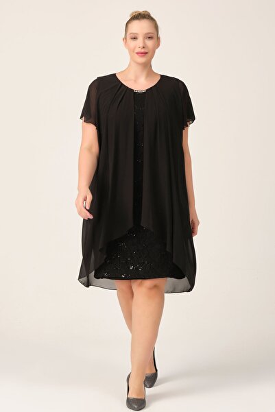 Oktay Ithal Şifon Ve Dantel Içi Astarlı Kolye Görünümlü Siyah Renk Büyük Bede...