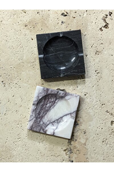Pergamon Dark Gray and Lilac White Ash Tray Set of 2 Real Marble