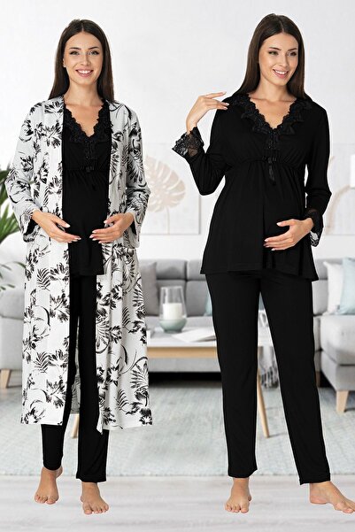 Effortt Dantel Detaylı Sabahlıklı Siyah Pijama Takımı