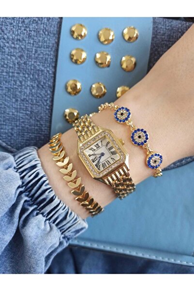 ÇENÇEN Gold Metal Kordon Kare Cartier Model Kadın Kol Saati