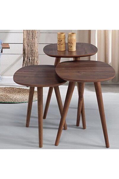 Grande Home 3'lü Ahşap Yuvarlak Zigon Sehpa Ceviz B1