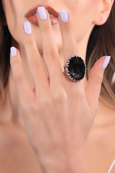 LABALABA Kadın Antik Gümüş Kaplama Antrasit Renk Taş Detaylı Ayarlanabilir Tasarım Yüzük