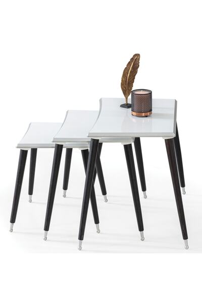 Grande Home 3'lü Beyaz Dikdörtgen Ahşap Zigon Sehpa Siyah Lüx Ayaklı E13