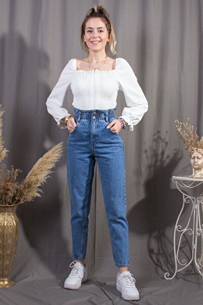 Dominatrend Kadın Mavi Trend Beli Lastikli Jean Pantolon